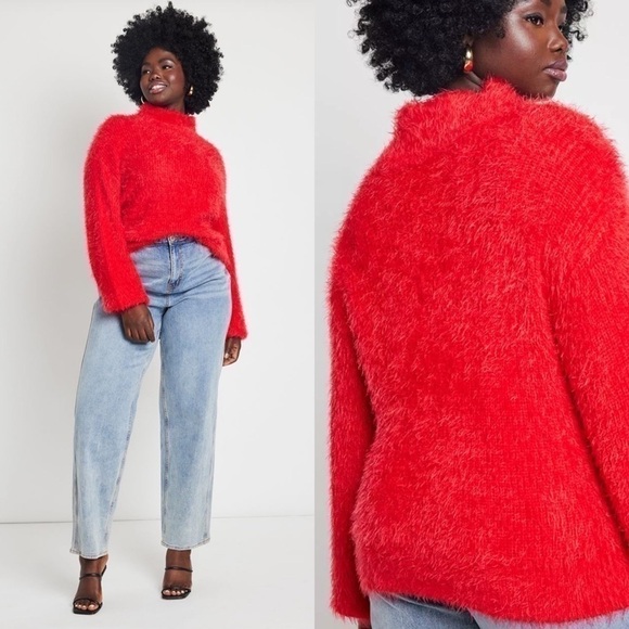4 for $40 SALE! Eloquii Mock Neck Faux Fur Sweater, Lipstick Red, Size 22/24 - Picture 2 of 11